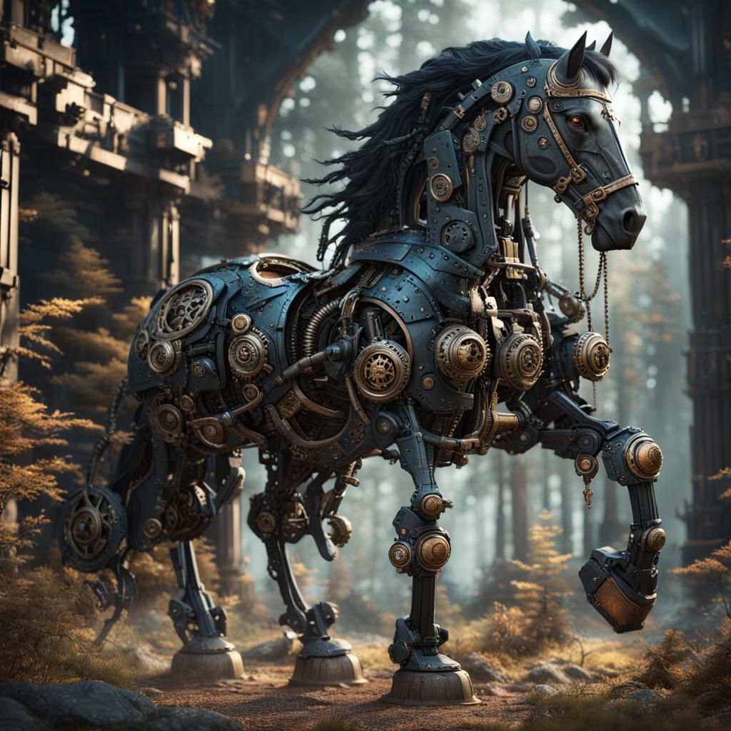 Black horse with mechanical body parts.