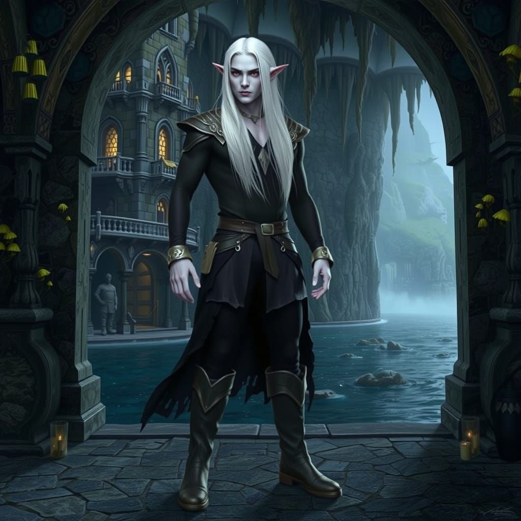 Drow Teen in Haunting Underground Courtyard