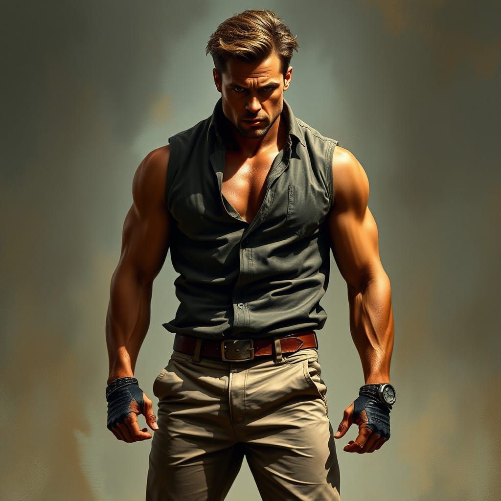 Confident, Chiseled Hero in Earthy Attire, Inspired by Wyeth...