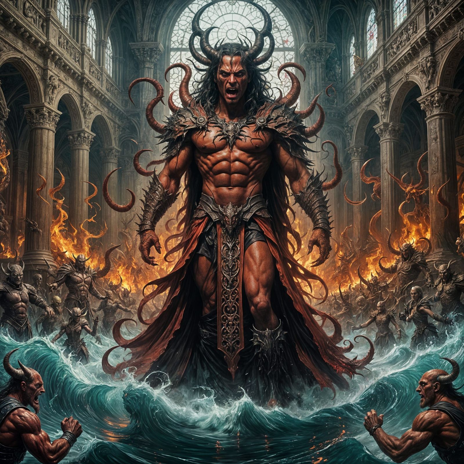 Satan Surrounded by Minions of Chaos in His Vast Palace