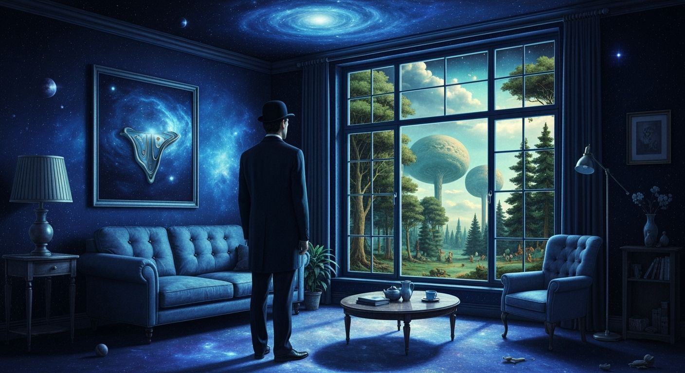 Man in Bowler Hat Gazes at Surreal Cosmos Forest