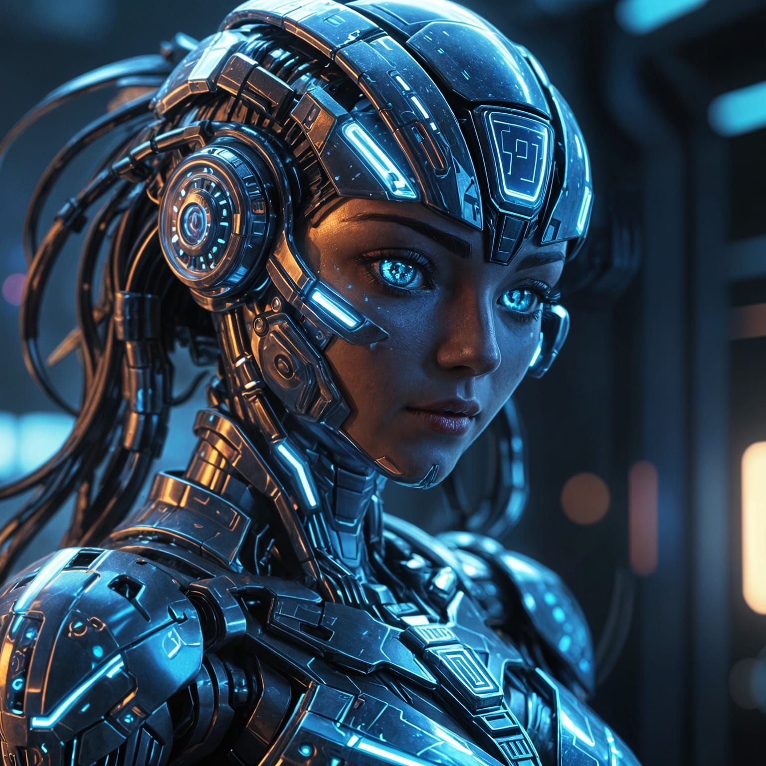 Gynoid in Laboratory: Vibrant Digital Sci-Fi Art