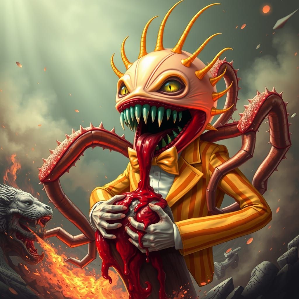 Colossal Venus Flytrap Devouring Human in Ethereal Glow