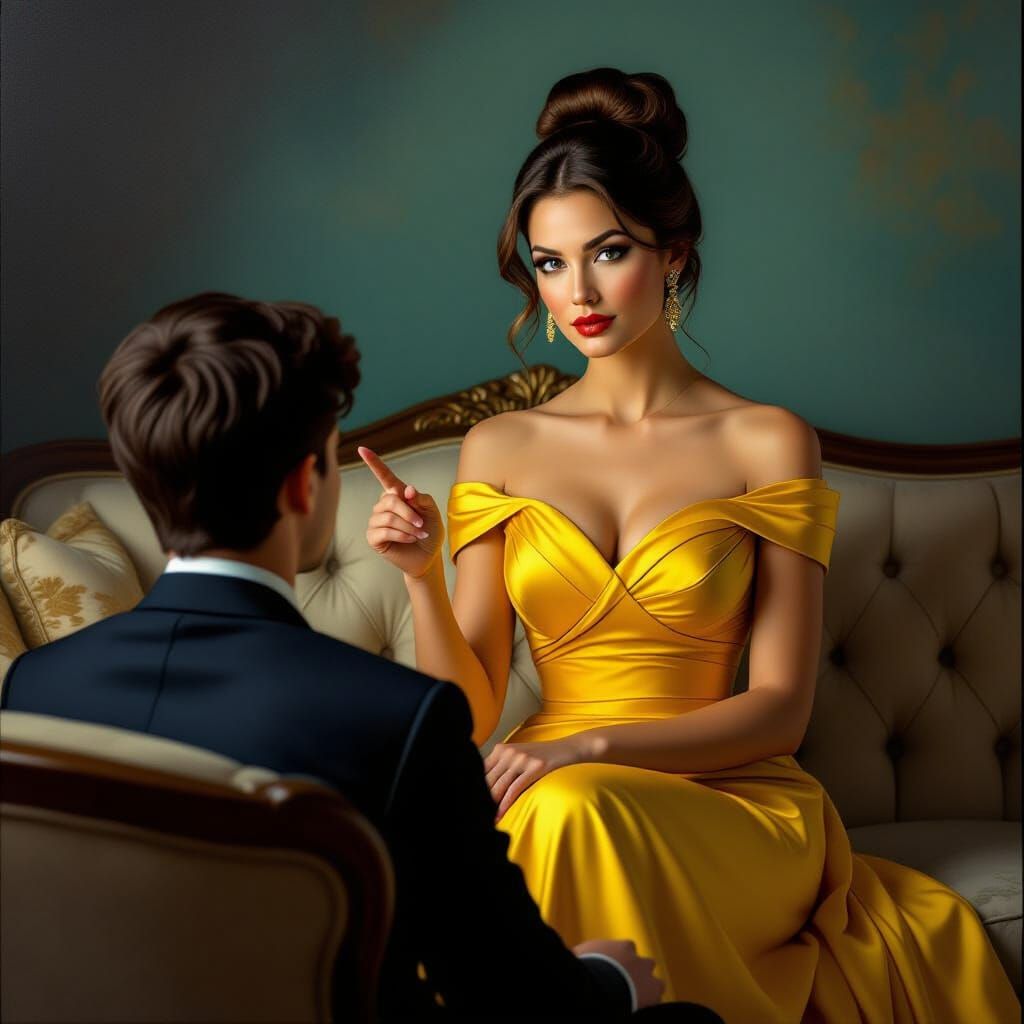 Elegant Woman in Yellow Dress Lecturing Nephew