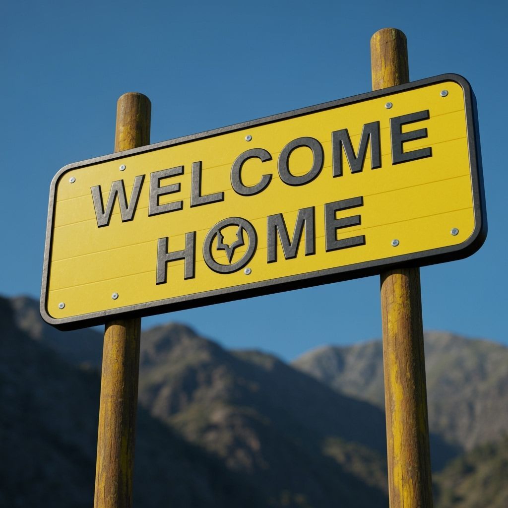 Dramatic Yellow 'Welcome Home' Sign with Menacing Symbol
