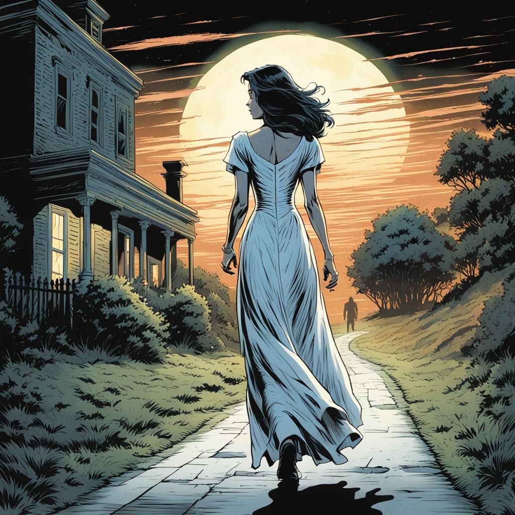 Spectral Lady in White Haunts a Darkened Roadside at Midnigh...