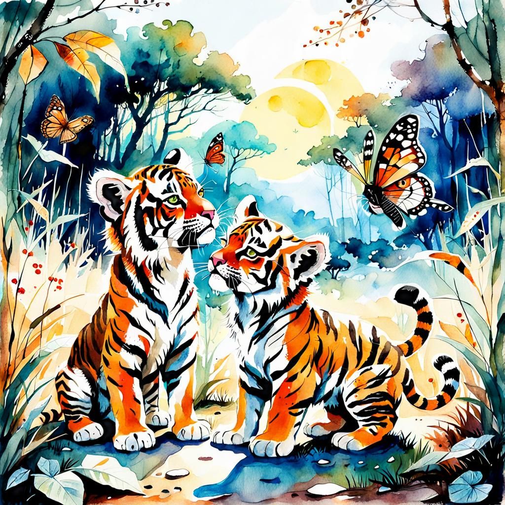 Fantastical Tiger Cubs Chasing a Butterfly in Vibrant Waterc...