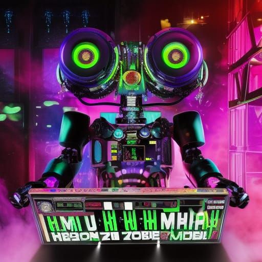 Surreal Robot Dj in Hellish Psychedelic Scene