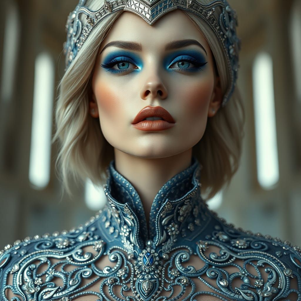 Elegant Futuristic Woman with Royal Blue and Emerald Makeup....