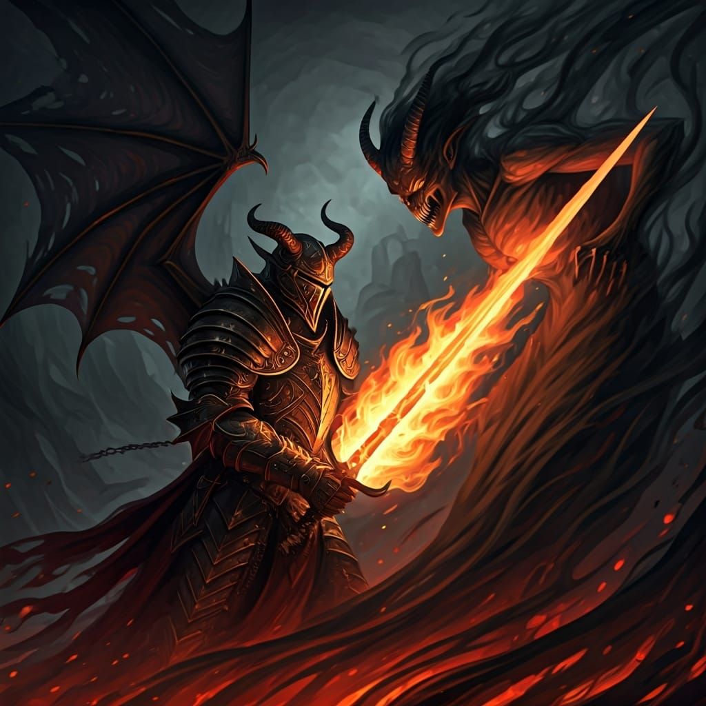 Demonic Knight Battles Smoke Demon in Dark Surrealism