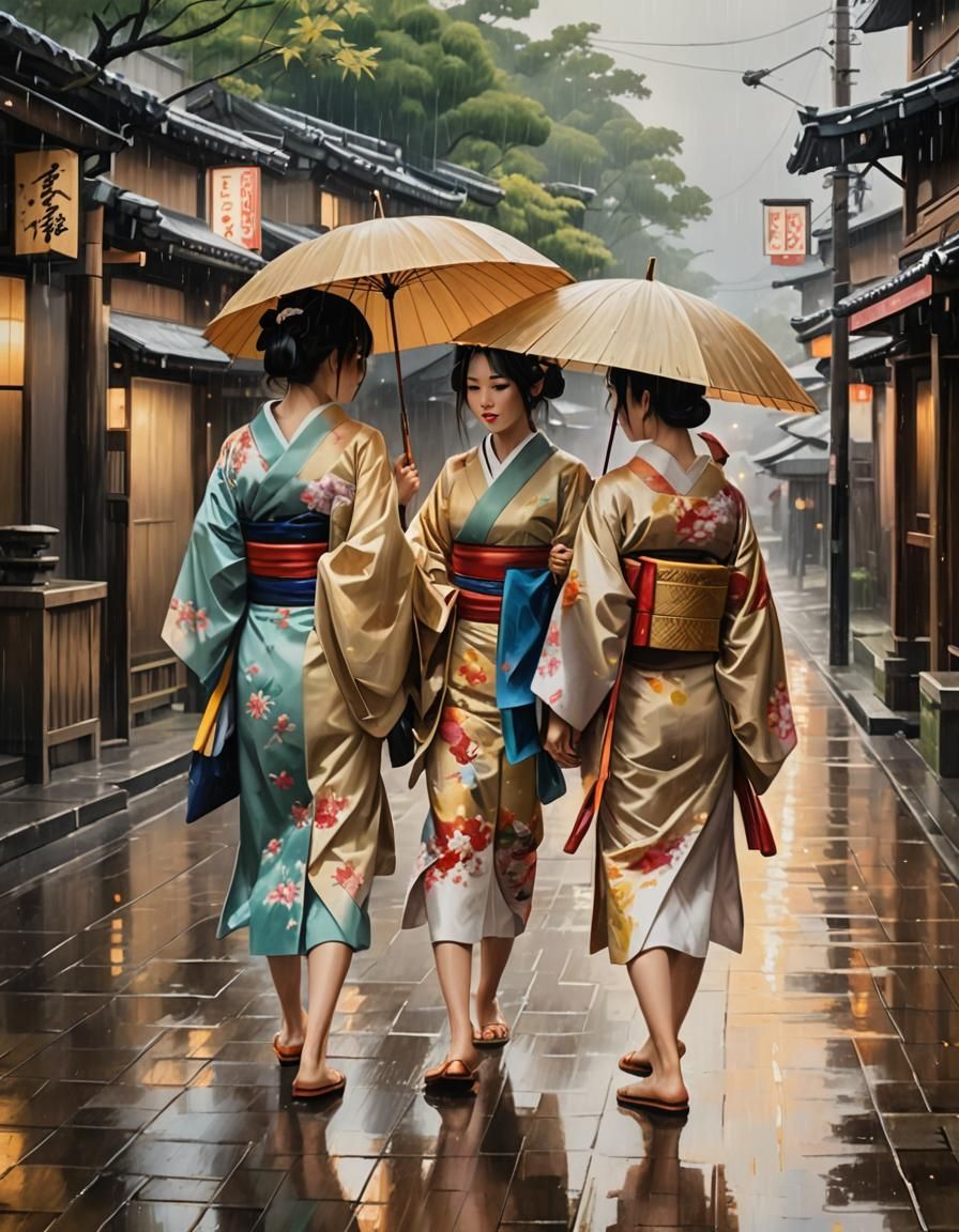 17th Century Japanese Girls in Rainy Street Scene