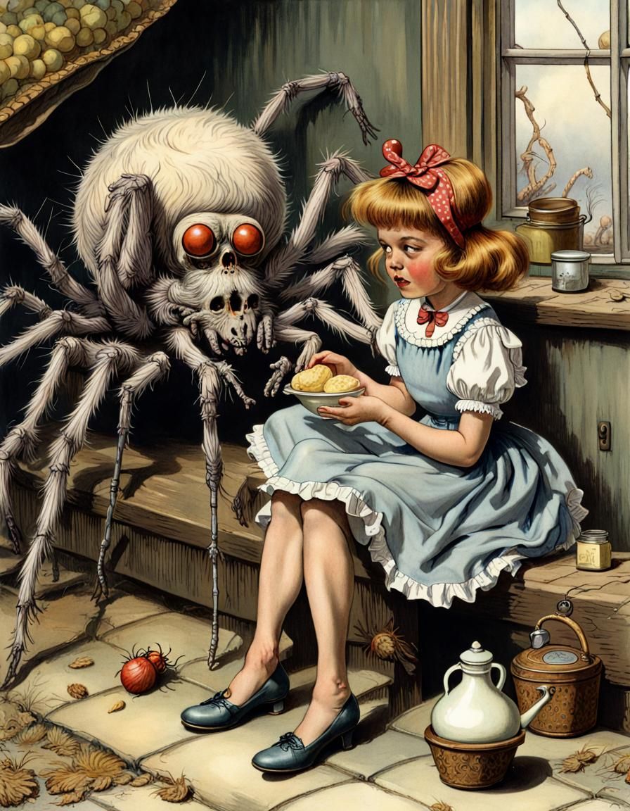 Little Miss Muffet in a Vibrant, Photorealistic Scene