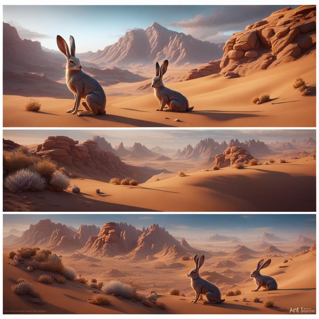 Surreal Desert Hares Amidst Vibrant Fantasy Landscape