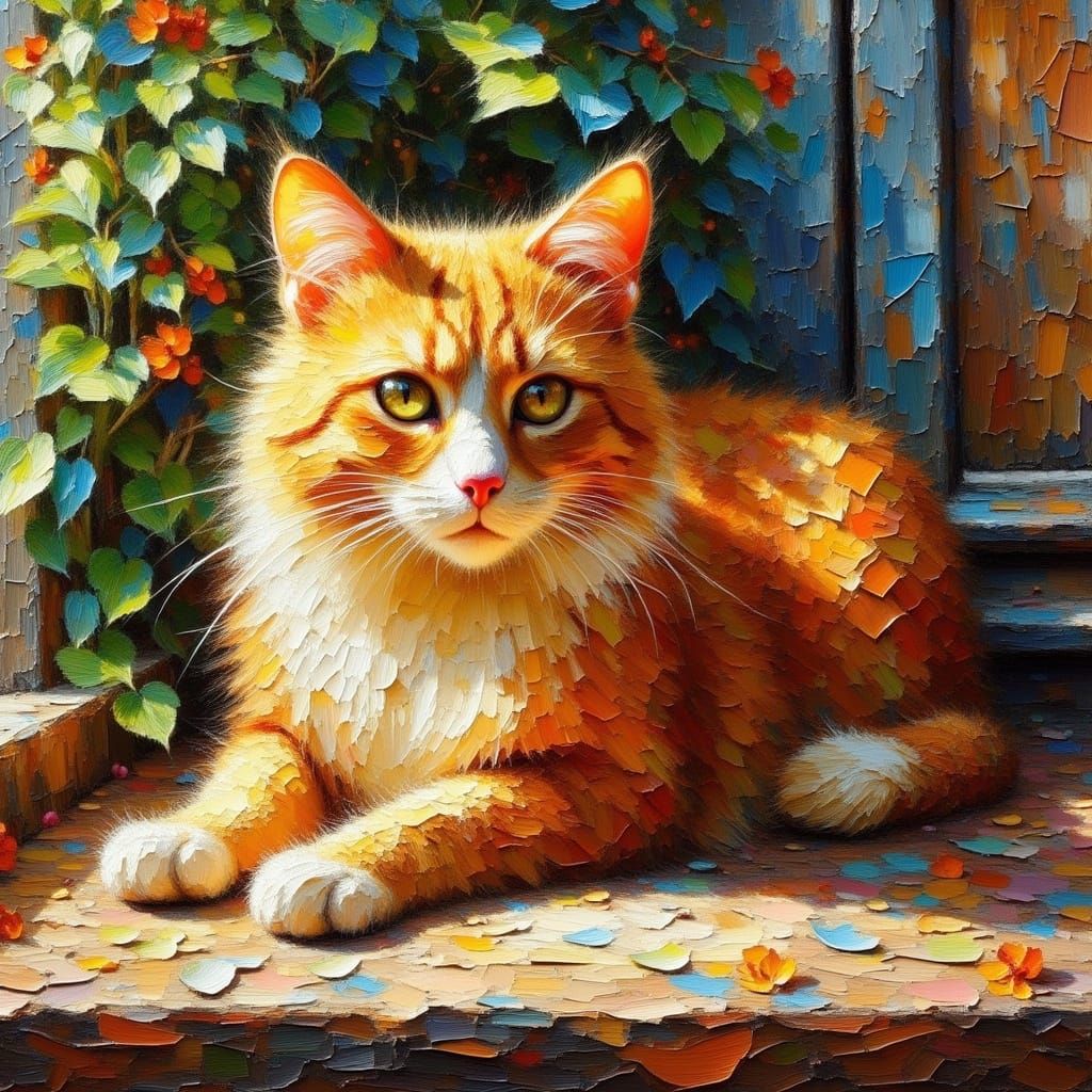 Ginger Cat in Warm Porch Light, Impasto Oil Painting