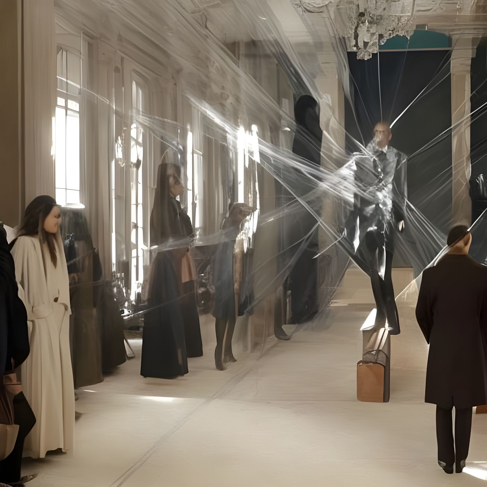 Translucent Figure in a Vibrant Clothing Store