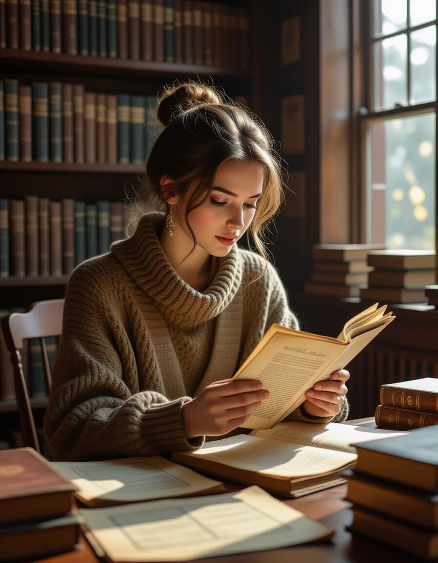 Cozy Library Scene in Digital Painting Style