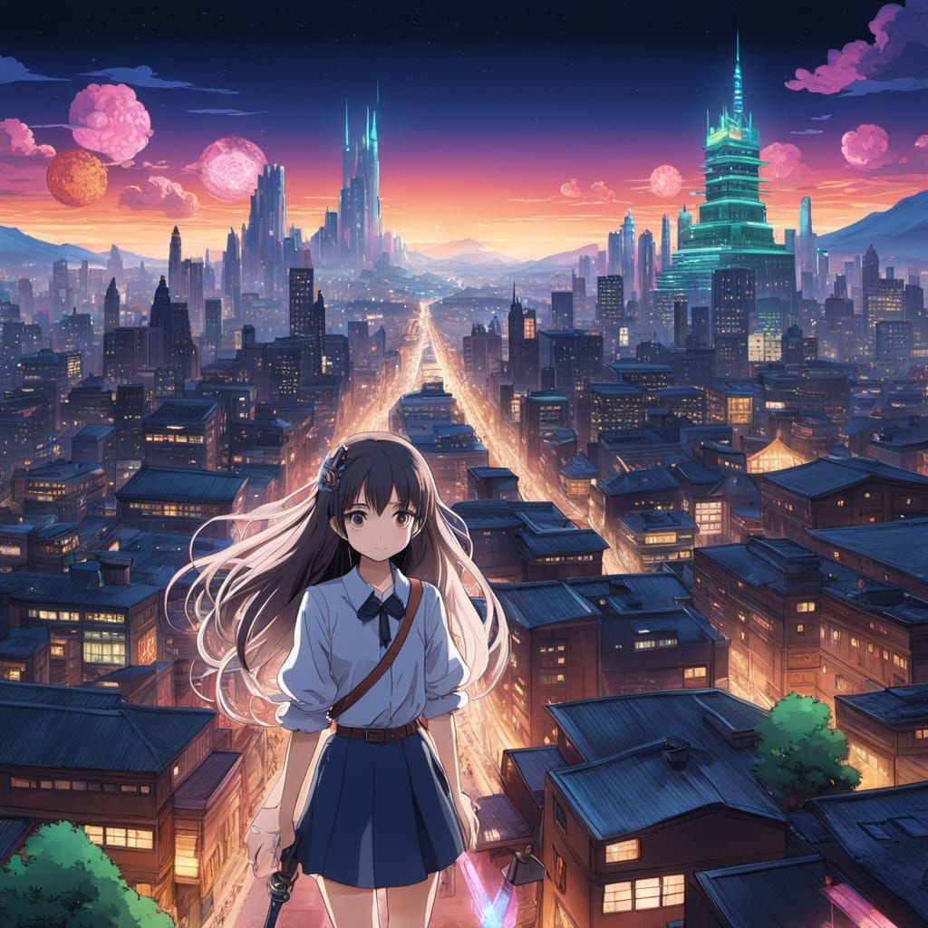 Magical Girl Flies Through Cityscape: Anime Key Visual