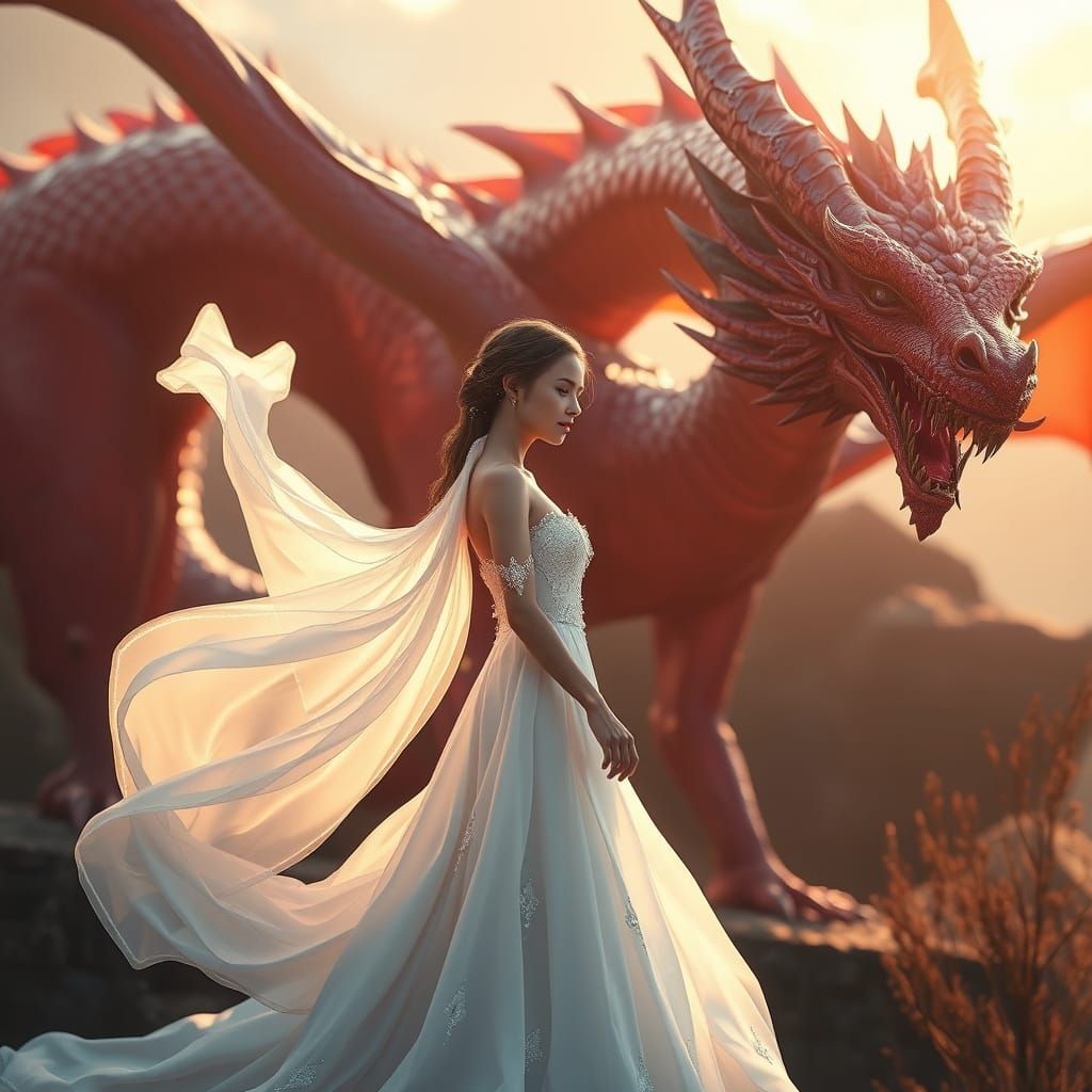 Girl in Elegant White Gown with Majestic Red Dragon