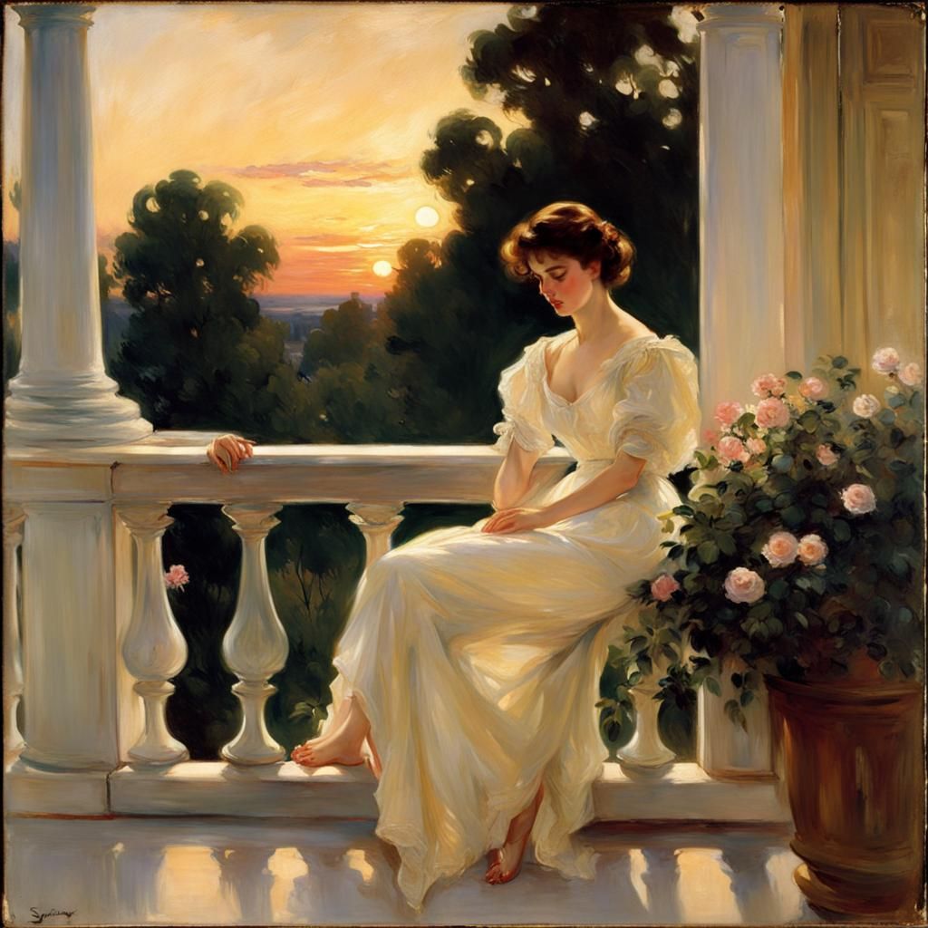 Romantic Oil Painting of Summer Garden at Sunset