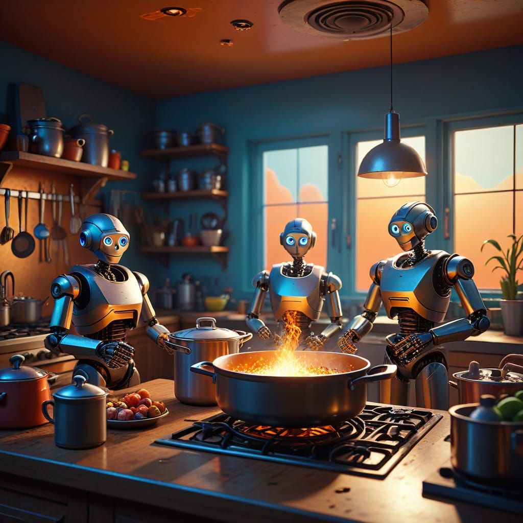 Whimsical Robotic Pots Cooking in a Cozy Kitchen