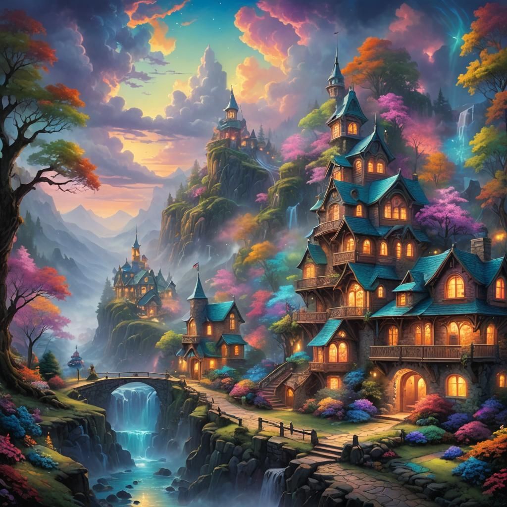 A fantasy landscape made with vivid colors reminiscent of a ...