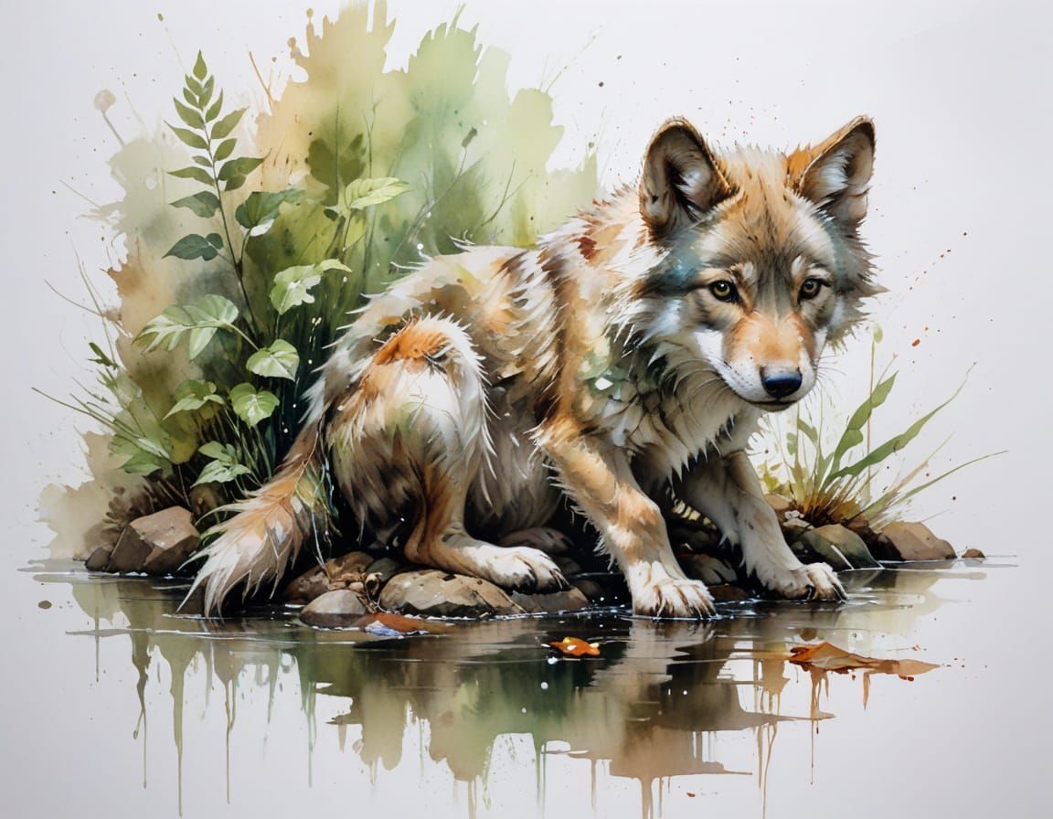 Wolf Pup by Forest Stream in Watercolour Style