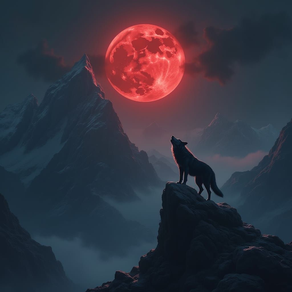 Direwolf Howling at Blood Moon in Mystical Landscape