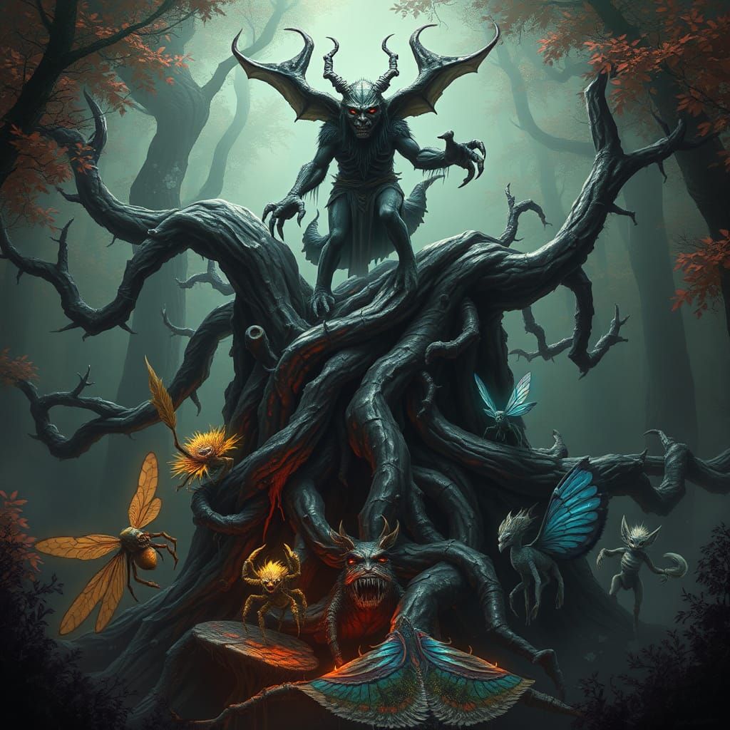 Sinister Goblin Amidst Fantastical Creatures in Vibrant Myst...