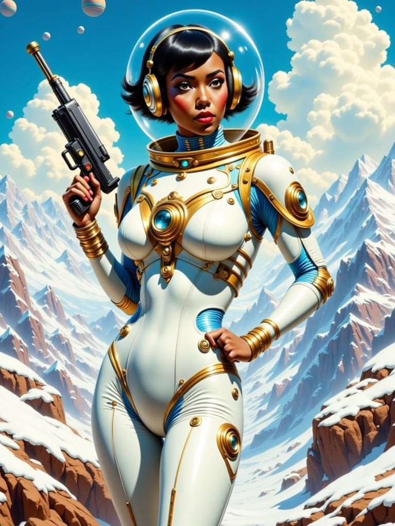 Retro-Futuristic Woman Warrior in Vintage Sci-Fi Illustratio...