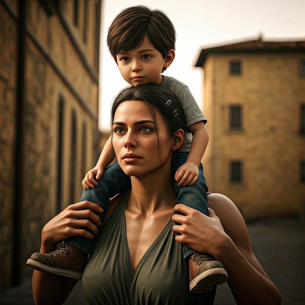Photorealistic Image of Boy on Strong Woman's Shoulders