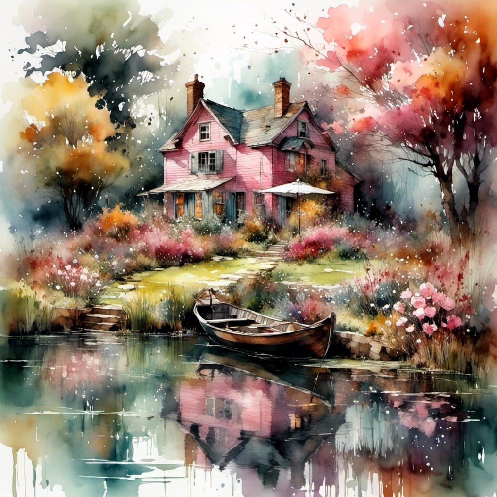 Autumn Watercolor Cottage Scene with Reflections