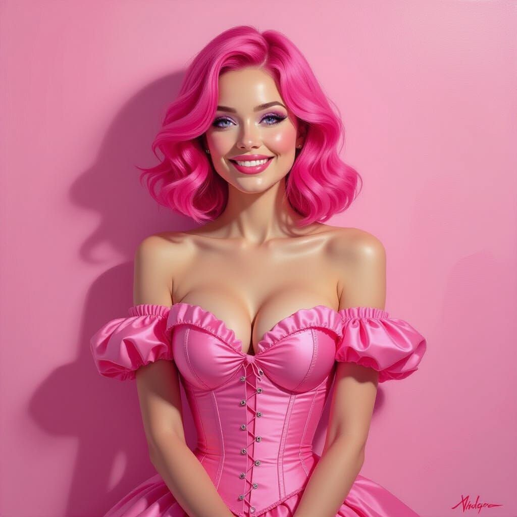 Pink Haired Woman in Corset Dress, Neo-Impressionist Style