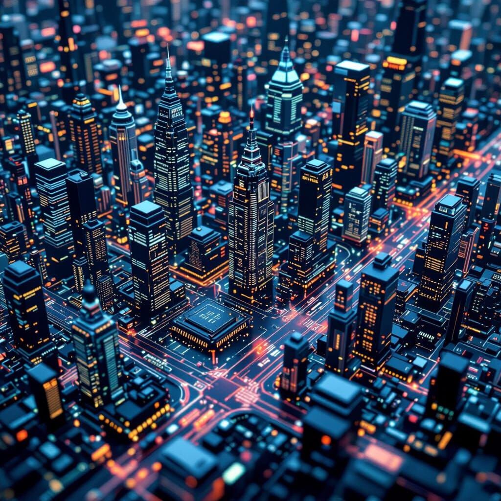 Photorealistic Microchip Cityscape in Tilt-Shift Style