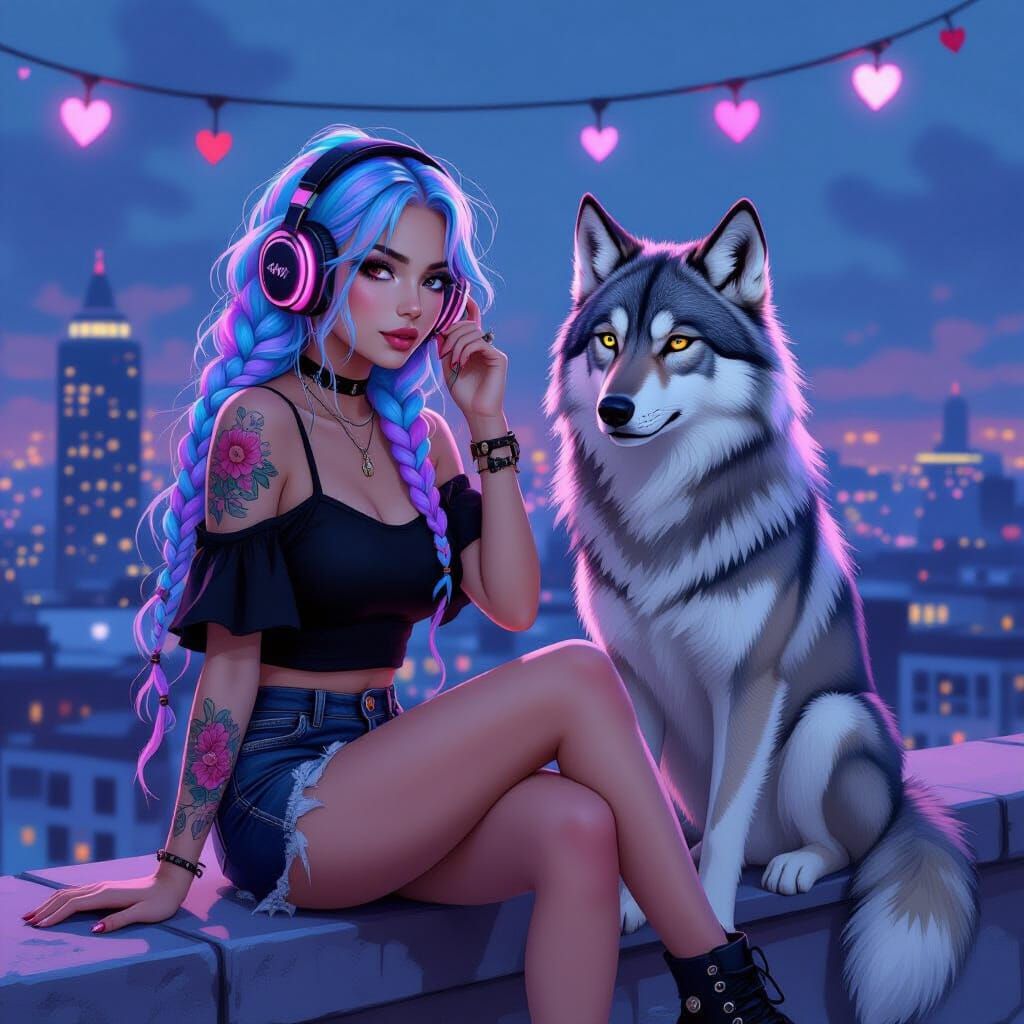 Boho-Gothic Woman with Direwolf in Cityscape