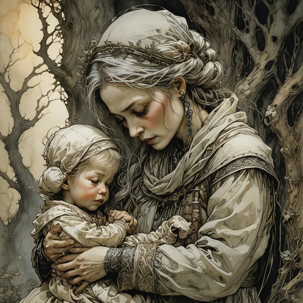 Mother's Comforting Embrace in Hyperrealistic Style