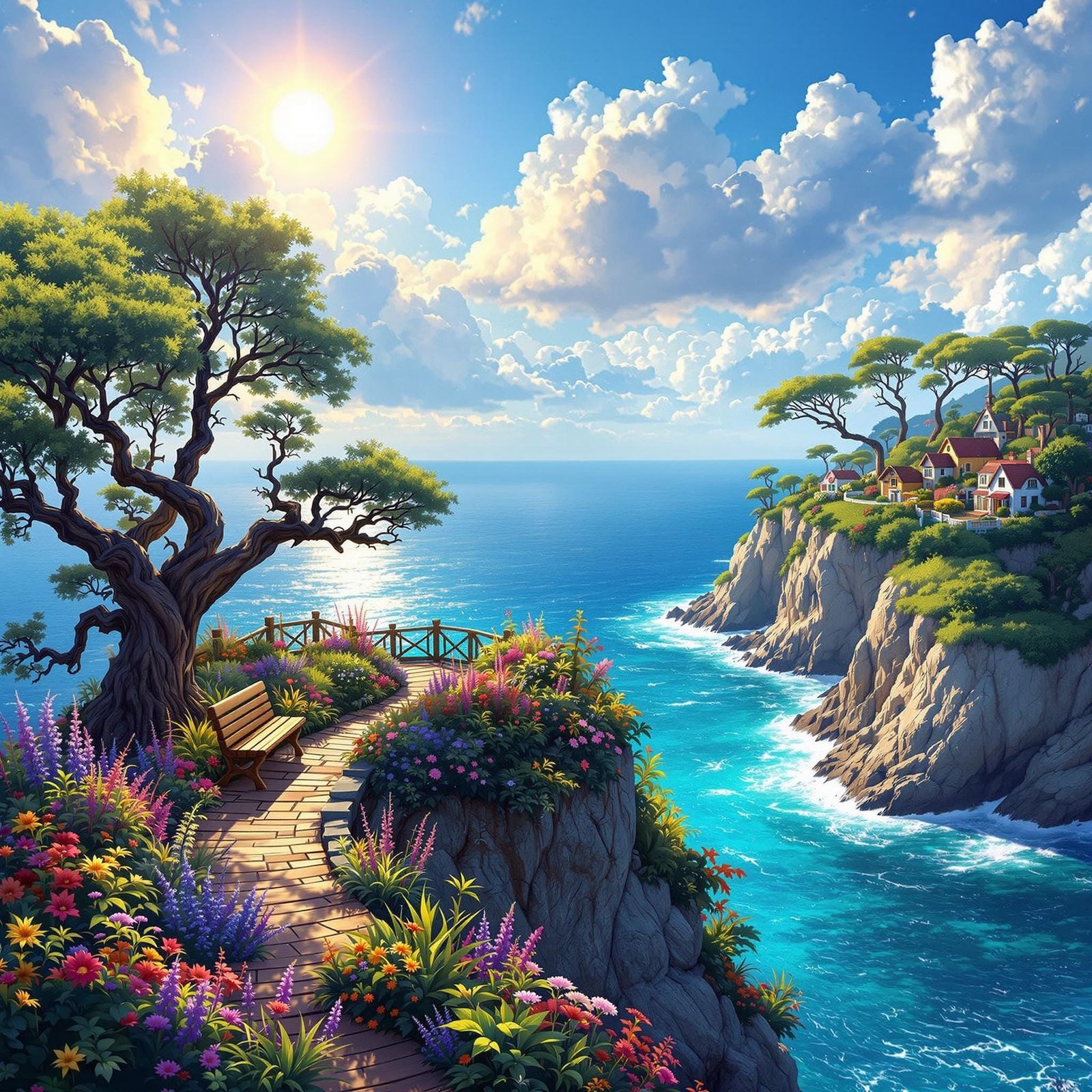 Whimsical Coastal Oasis in a Vibrant Fantasy World