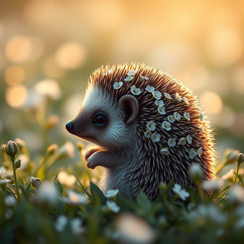 Hedgehog with Rose Spines in Magical Meadow at Dawn