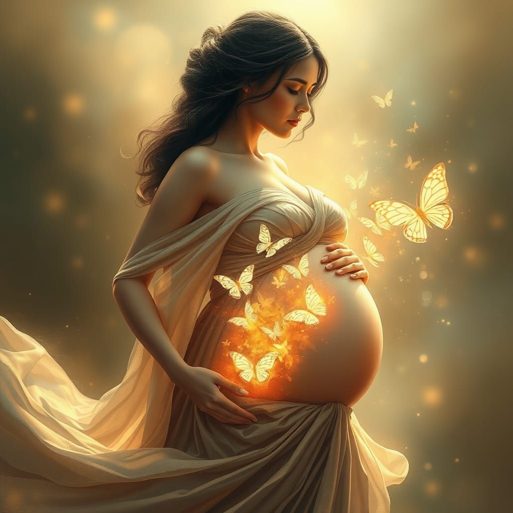Enchanted Pregnancy Scene with Whimsical Butterflies and Sof...