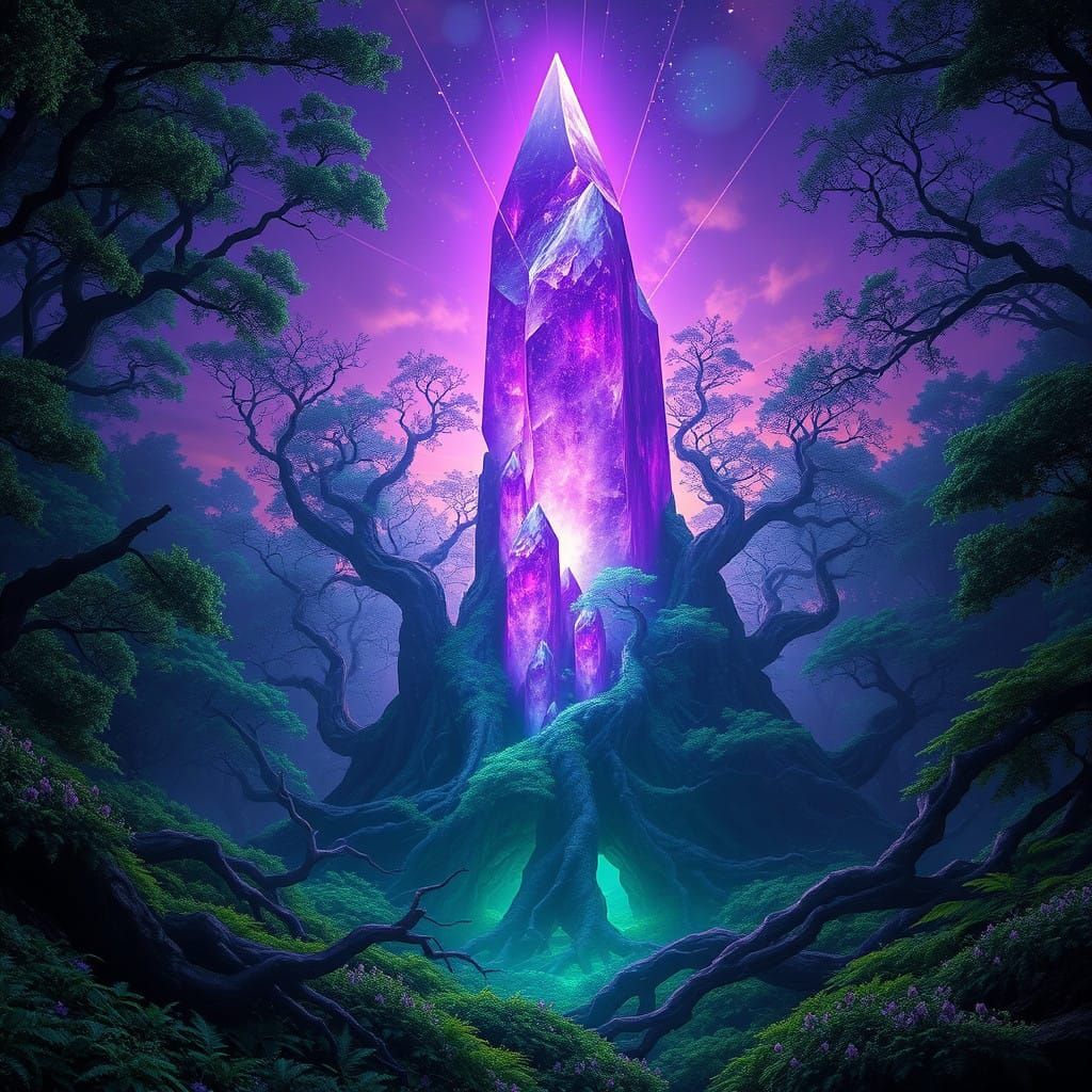 Mystical Purple Crystal Landscape in a Dense Emerald Forest