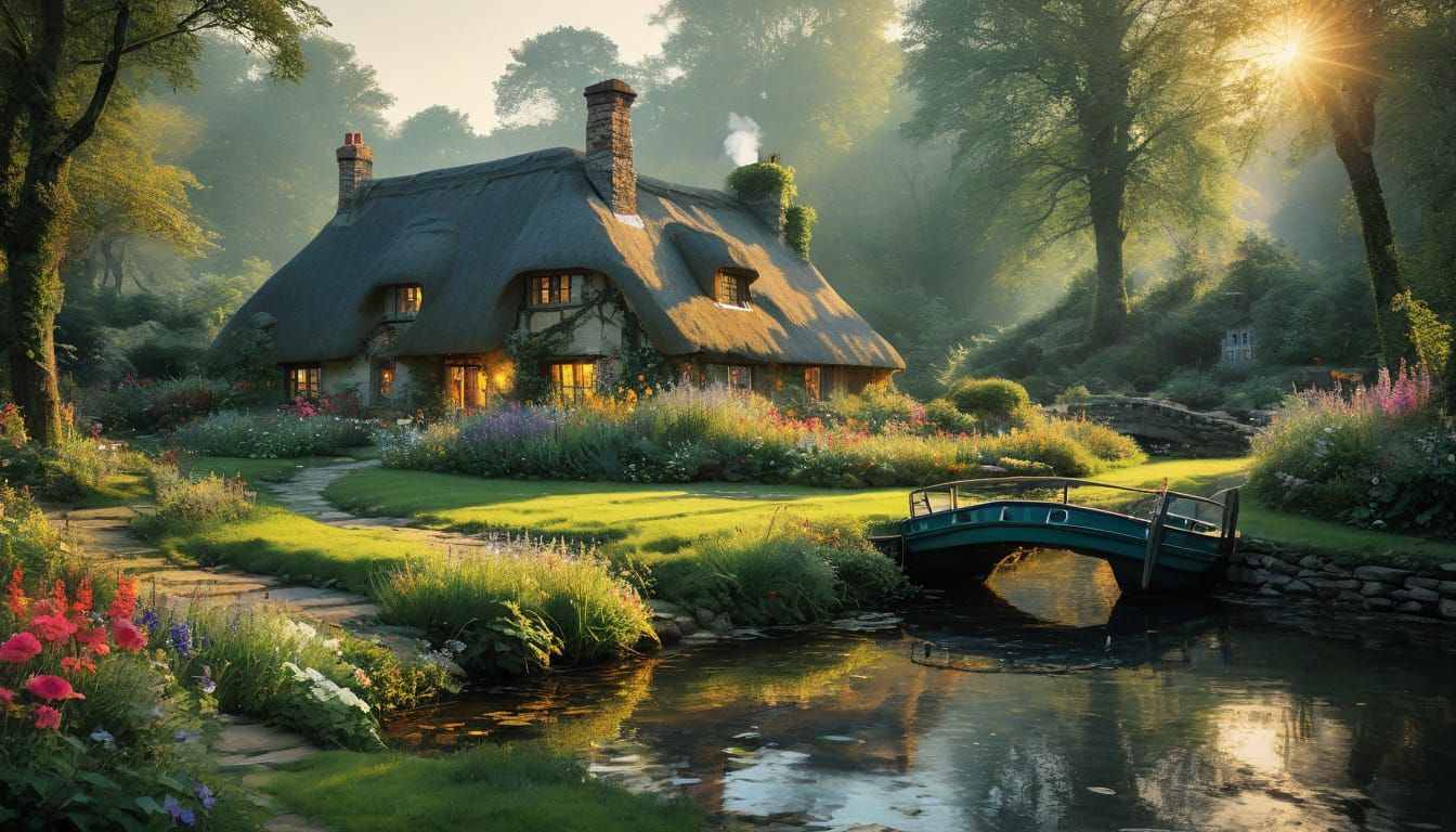 Woodland Garden Sunset with Boat and Cottage in Leroy Neiman...