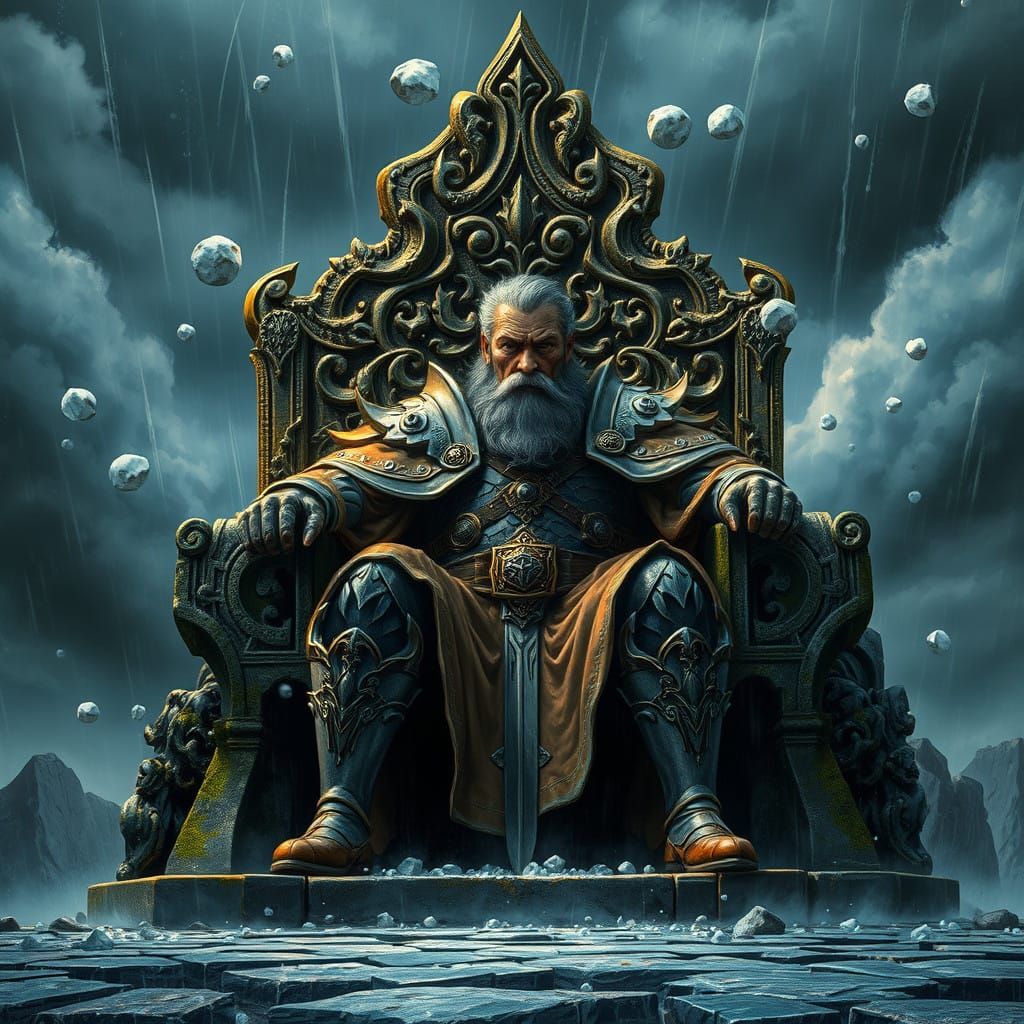 Regal King Endures Hailstorm in Ancient, Weathered Throne