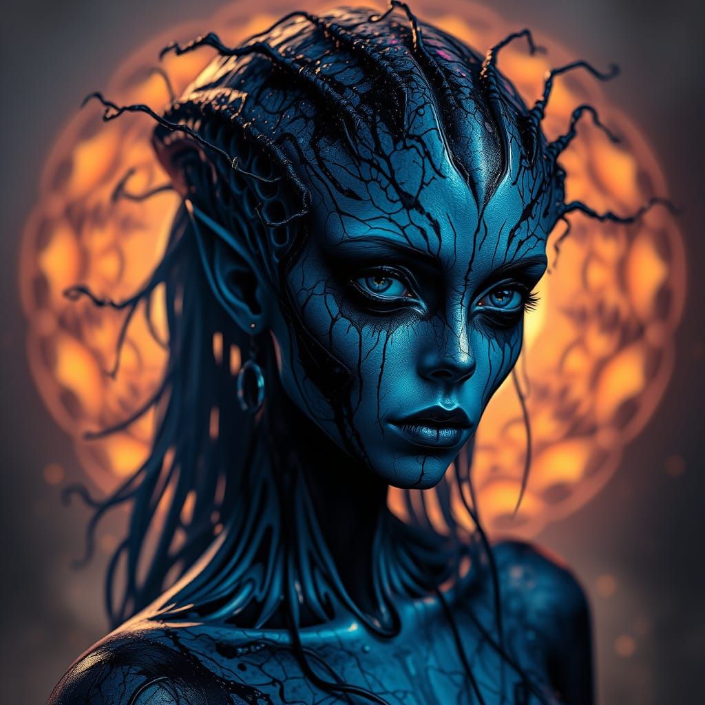 Indigo Alien Woman in Splatter Art Style