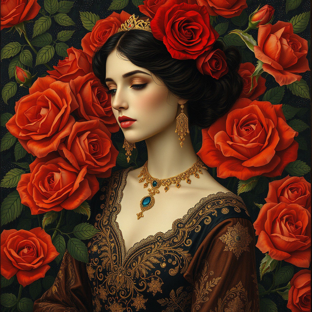 Serene Woman in Golden Klimt-Inspired Rose Garden