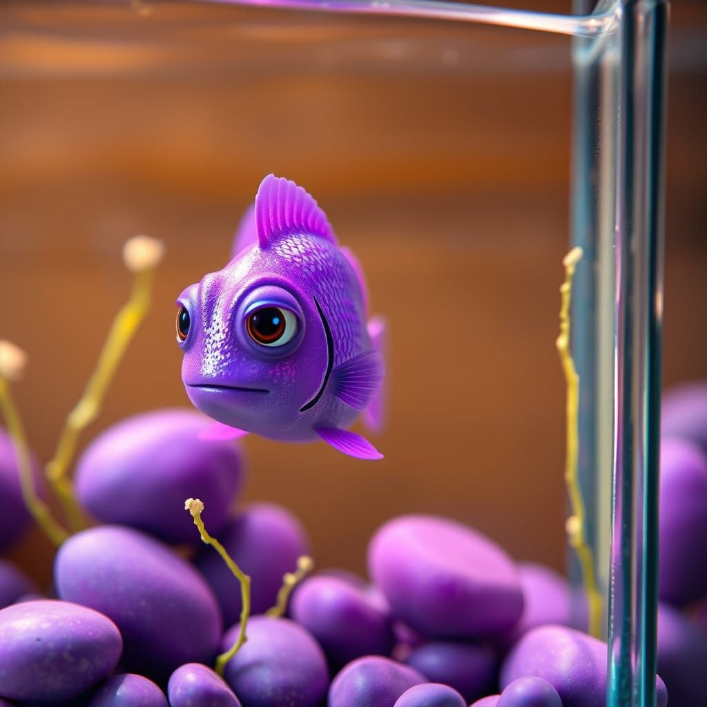 Whimsical Purple Fish in Cozy Aquarium Scene
