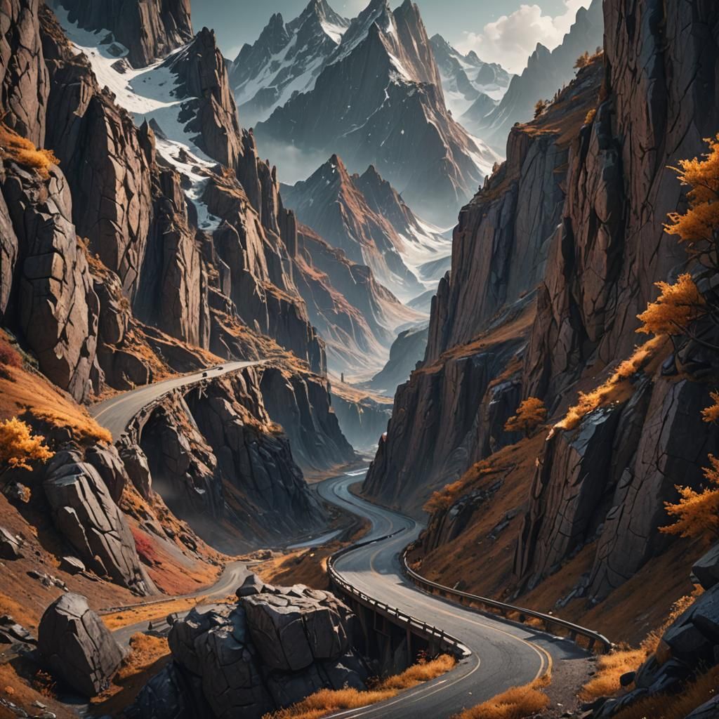 Epic Fantasy Mountain Highway in Immersive Detail