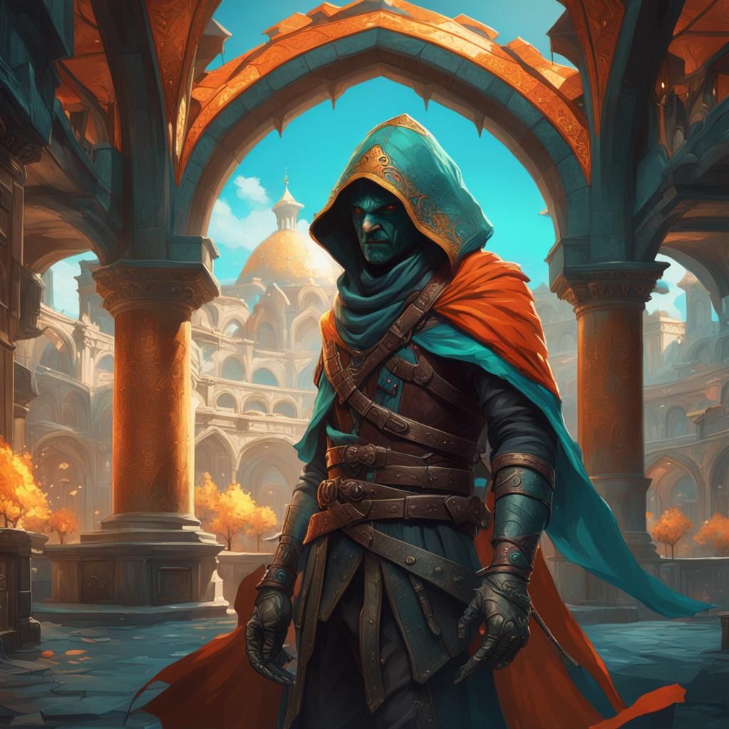 Epic Dark Fantasy Medieval Assassin in Triadic Hues