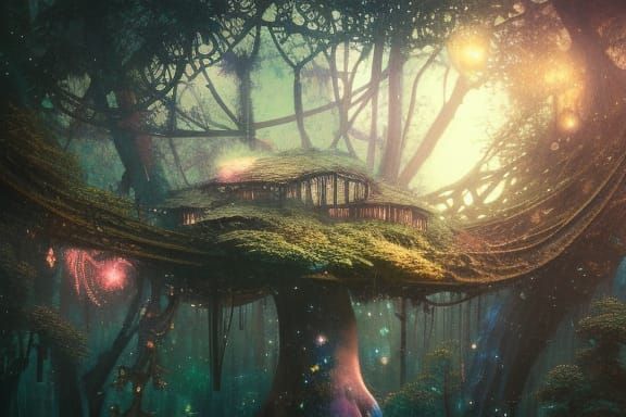 A Magical Treehouse Under Starry Night
