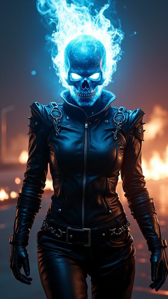 Female Ghost Rider in Blue Hellfire, Outlaw Street Racer