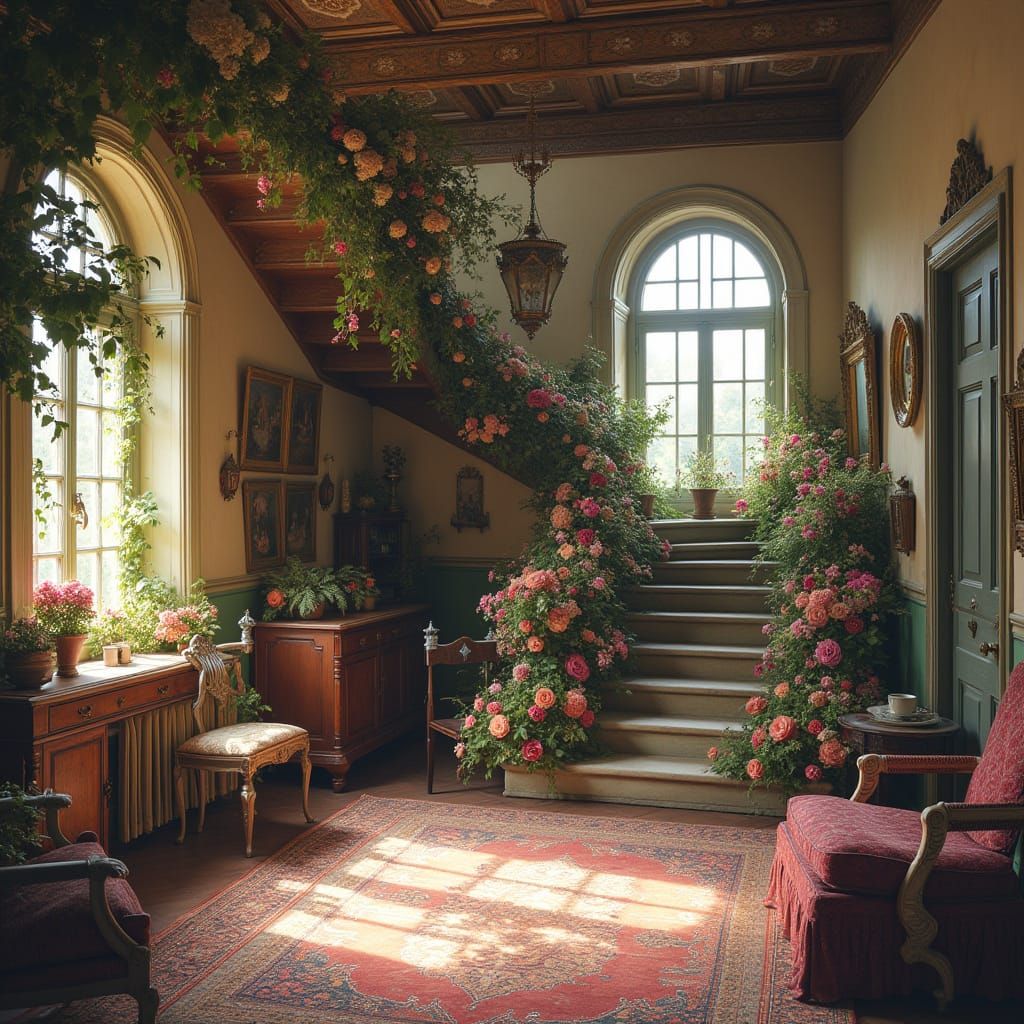 Serene Countryside Home Interior in Maximalist Anime Style