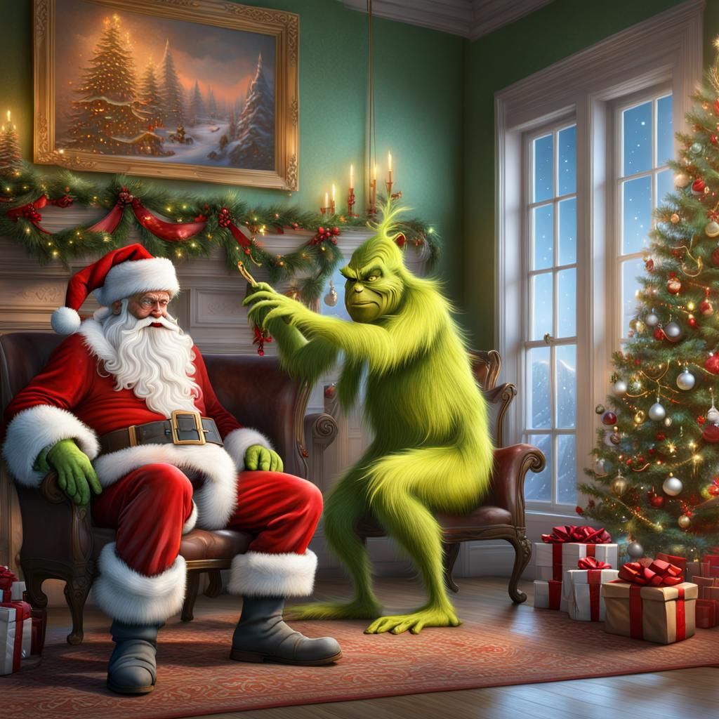 The grinch is eating cookies with Santa Claus in a nice chri...
